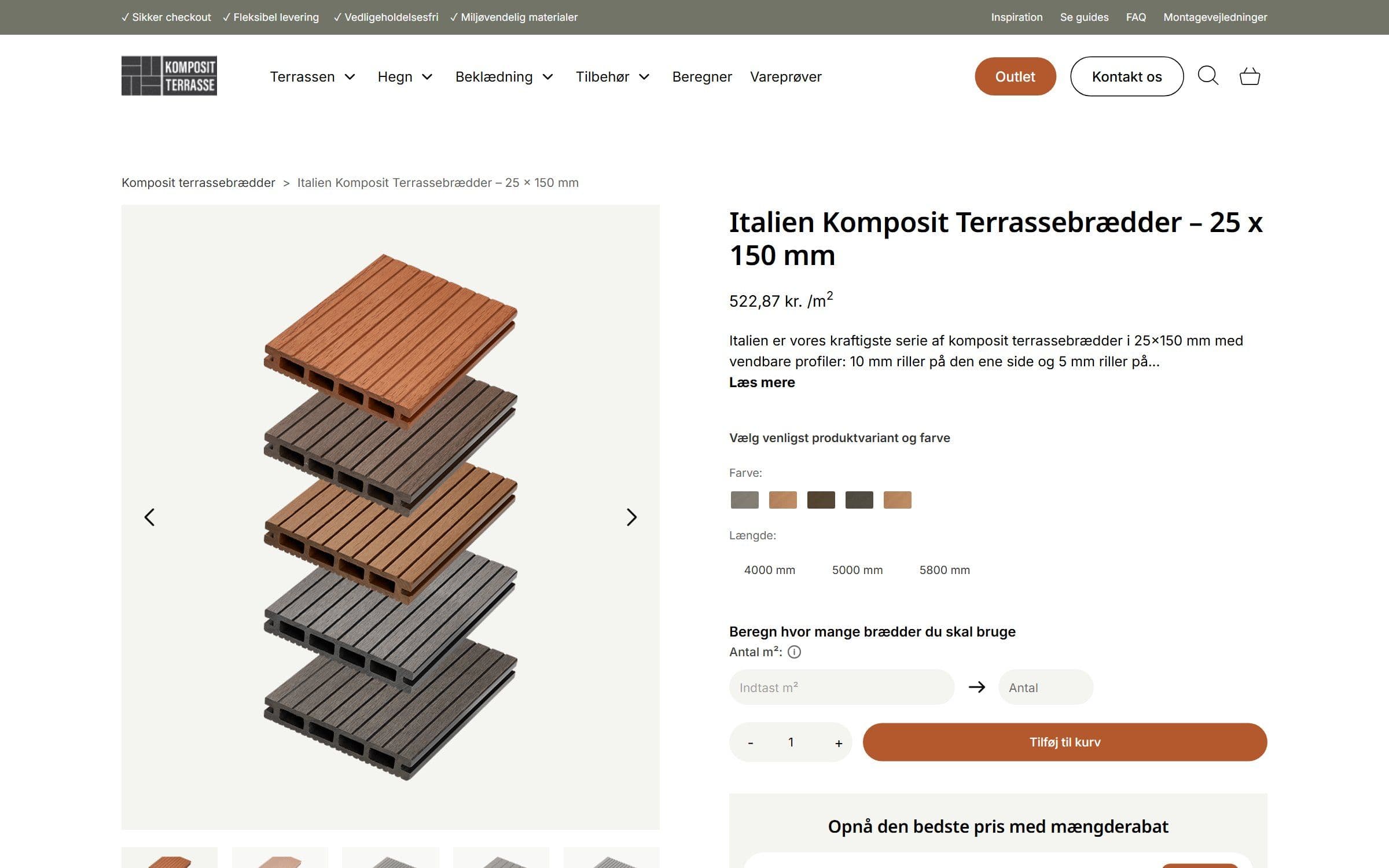 Produktsiden med farveprøver, længder og m²-beregner.