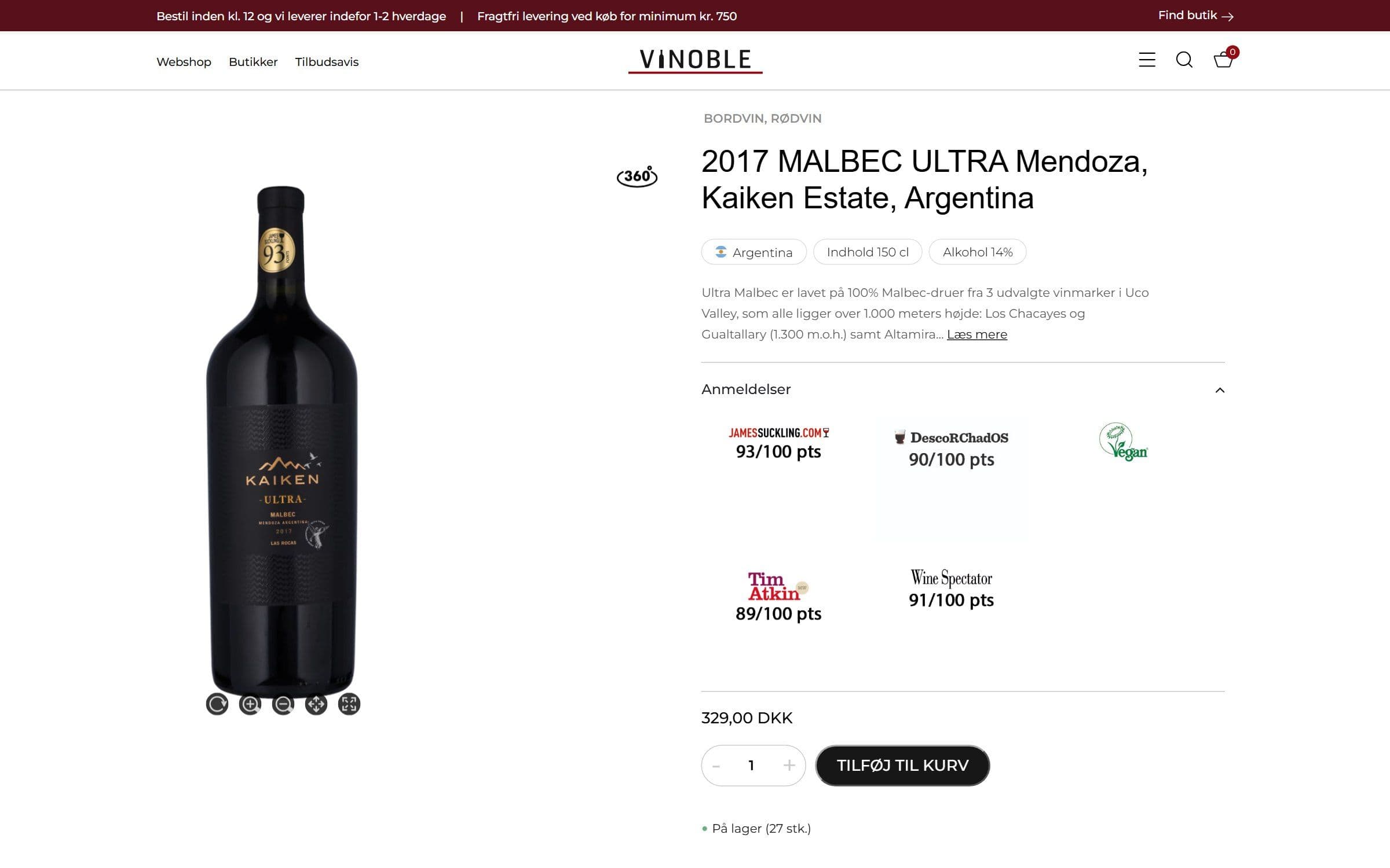 En produktside med anmeldelser, specifikationer og 360°-visning.