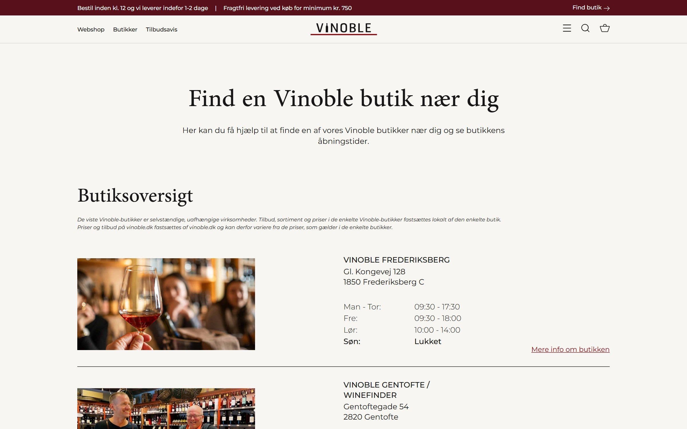 Butiksoversigten med åbningstider for hver butik.